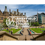 The Sheffield Cycle Tours logo overlaid on a photo of the Peace Gardens in Sheffield city centre with Sheffield Town Hall in the background.