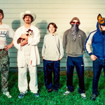 Five people stand in a line on grass in front of a light-coloured building wall, each wearing distinctive outfits. One wears camouflage trousers and a graphic T-shirt, another wears a white cowboy hat and holds a small dog, a third wears a plain hoodie, a fourth has a hood, sunglasses and a face covering, and the fifth wears a blue tracksuit top with a dog mask. The image has a quirky, staged band-promo style with strong sunlight and long shadows.