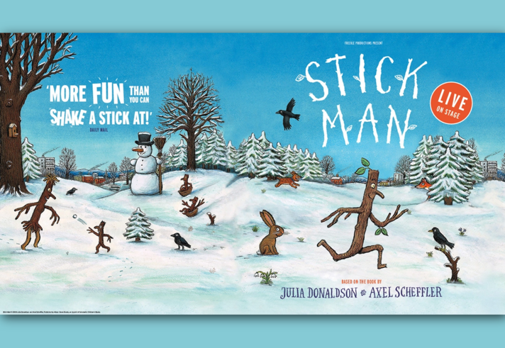 promo image for Stick Man with an illustration of Stick Man and friends play in a snowy woodland.