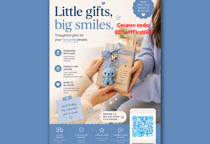 Beaded Buddies poster with a close of a person handing a gift to another person.