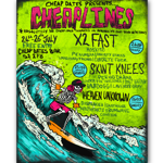 Bright, neon-green illustrated gig poster with a cartoon skeleton in a cap surfing a large wave. Bold pink and black text reads “Cheap Dates Presents… Cheerliness.” Event details include 24th–26th July at Cheap Dates Bar (S1 2FB), free entry. Line-up features acts including X2 Fast, Skint Knees, and Heaven Unknown, with additional smaller names listed. Handwritten-style fonts, chaotic layout, and bold colours create a playful, punk-inspired design.