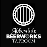 Abbeydale Beerworks Taproom logo on a black background. A white circular emblem resembling a brewery barrel or cask head with vertical lines sits above the venue name. Beneath it, the text reads “Abbeydale Beerworks Taproom” in white, with “Abbeydale” in a decorative script, “BEERWORKS” in bold block capitals, and “TAPROOM” in a serif font.