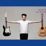 Sean Shibe stands, eyes closed, with both his arms outstretched to his sides, with an electrical guitar in one hand and an acoustic guitar in the other.