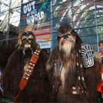 Performers dressed as wookies and Rebel pilots from the Star Wars films, outside the Sheffield Winter Garden.