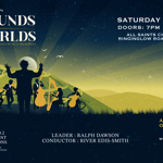 Poster for the event, listing the details such as date, time and venue overlaid on an illustration of a group of musicians performing in the country side.