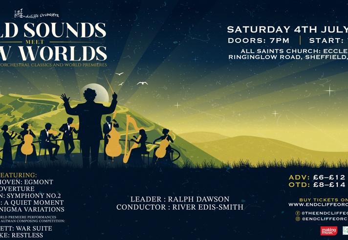 Poster for the event, listing the details such as date, time and venue overlaid on an illustration of a group of musicians performing in the country side.