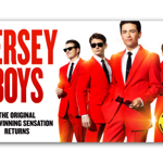Promo image for Jersey Boys with four men in red suits and sunglasses.