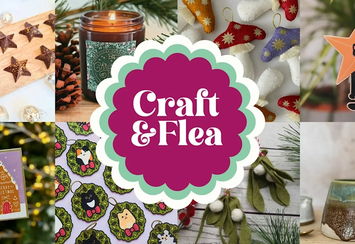 Craft & Flea Christmas collage featuring handmade chocolates, a festive candle, decorations, a Christmas card, cat ornaments and a ceramic mug.