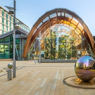 A view of the outside of the Sheffield Winter Garden seen from Millennium Square.