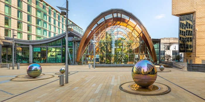 A view of the outside of the Sheffield Winter Garden seen from Millennium Square.