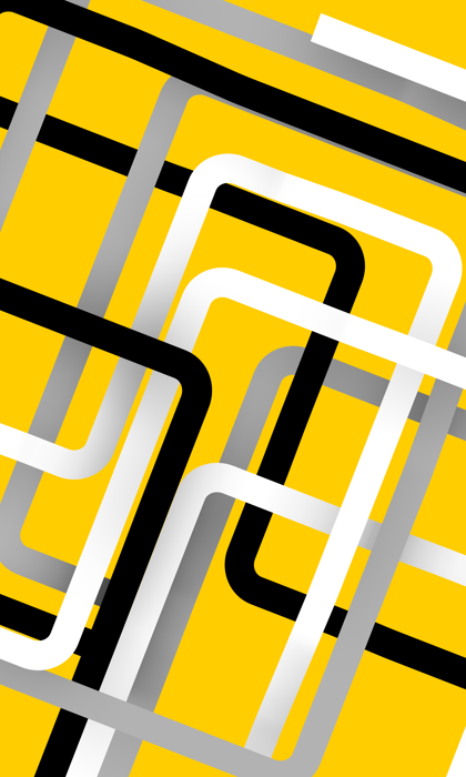 Abstract geometric design featuring overlapping rectangular outlines in black, white, and shades of gray on a bright yellow background. The shapes intersect at various angles, creating a layered, modern pattern.
