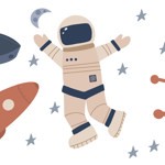 An illustration of a spaceman, a rocket, an alien, a planet, and an alien flying a UFO.