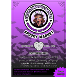 Promotional poster for the Fluffle Makers Market spooky edition. Purple background with bat silhouettes and spider webs. A circular logo features a cartoon character with bunny ears and the text “Fluffle Makers Market – Celebrating the Eccentric”. Event details: “Spooky Market”, 31 October, 10am to 4pm, Victoria Hall, Sheffield City Centre, Sheffield S1 2JB. Stalls include prints, T-shirts, jewellery, keyrings, candles, bath bombs, scrunchies, crocheted goods and more. Free entry.