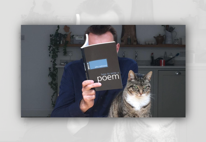 A person sits indoors at a table holding a book titled How to Write a Poem by John Redmond in front of their face. A tabby cat with green eyes sits in the foreground beside the book, looking directly at the camera. Shelves with plants, kitchenware and household items are visible in the background, creating a relaxed home setting. The image playfully contrasts the hidden reader with the attentive cat.