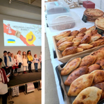 Split image from a Ukrainian Christmas Market. Left: children in embroidered traditional clothing stand on a stage beneath a large screen displaying the event logo, while an adult stands nearby addressing the audience. Right: tables laden with baked goods, including pastries and round cheese breads, displayed for sale. The image highlights cultural performances and food at the market.