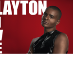 Promotional poster featuring a close-up portrait of a person in a glossy black sleeveless top against a solid red background. Large white text spelling “LAYTON” appears across the top, with “LIVE” stacked vertically down the left side. The design is bold and minimalist, using strong contrast between the red background, white lettering and dark clothing.