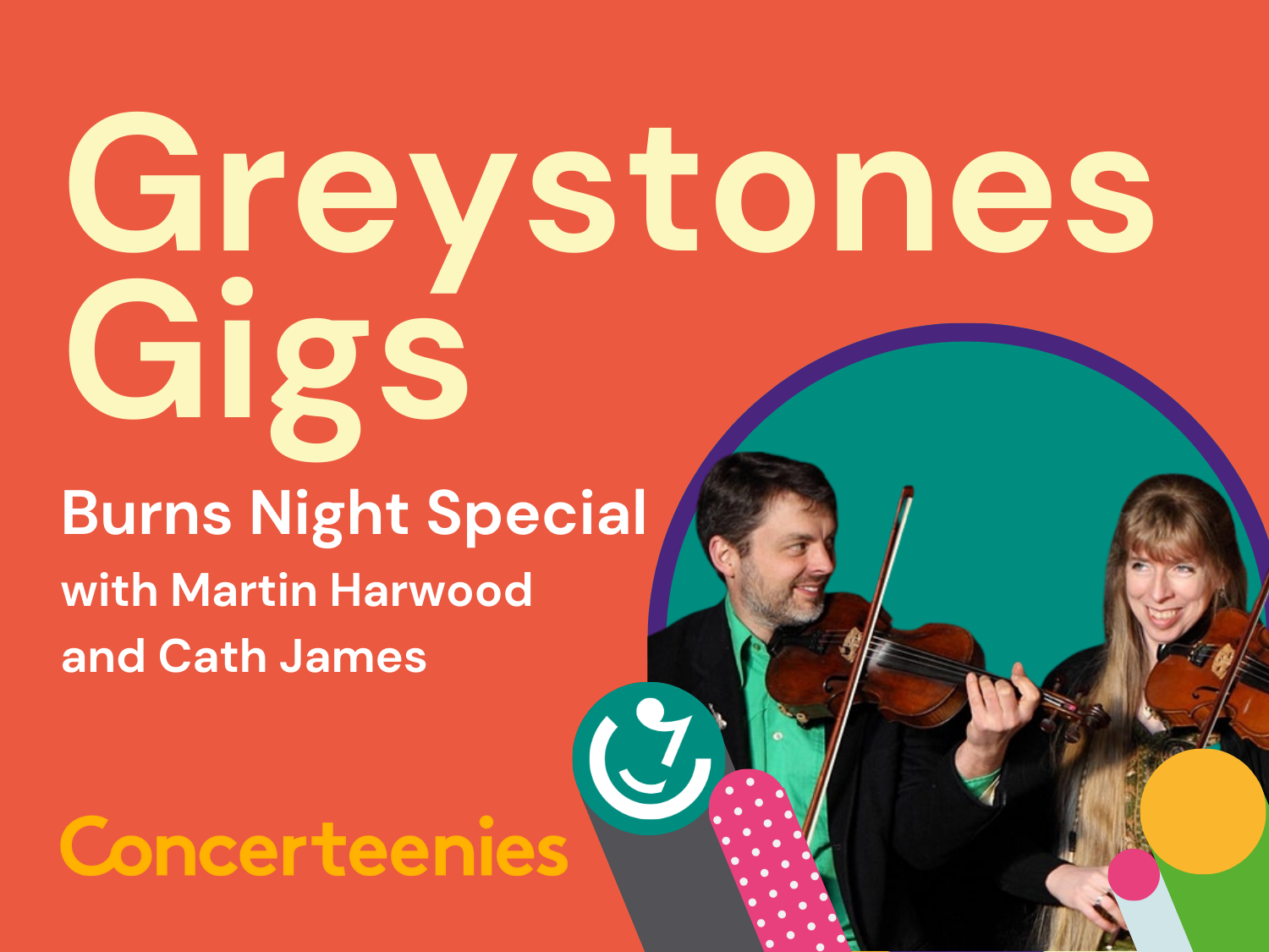 Bright orange poster for the event with a picture of two people playing violins.