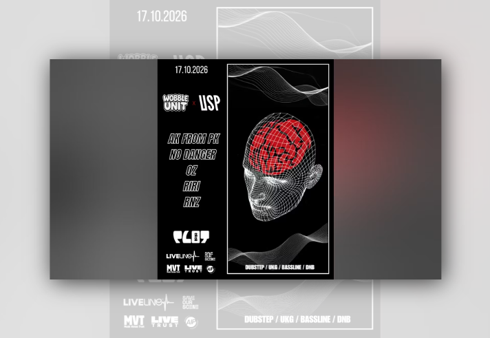 Promotional poster for a live electronic music event on 17 October 2026. A black background features a white wireframe head with a red abstract brain design and flowing wave graphics. Text advertises Wobble Unit x LSP with performances by AK From PK, No Danger, OZ, RiRi and RNZ. Venue branding for Plot 22 appears at the bottom alongside supporter logos. Music genres listed include dubstep, UKG, bassline and DnB.