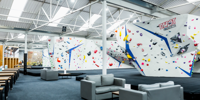 A row of climbing walls at Depot Climbing.