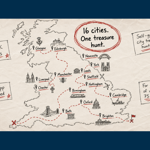 Hand-drawn map of Great Britain promoting a city treasure hunt. A dotted red route connects 16 UK cities including Glasgow, Edinburgh, Newcastle, York, Leeds, Sheffield, Manchester, Liverpool, Birmingham, Oxford, Cambridge, Bath and Brighton, with sketches of local landmarks. Central text reads “16 cities. One treasure hunt.” Callout boxes highlight “Self-guided city treasure hunts”, “No app needed
