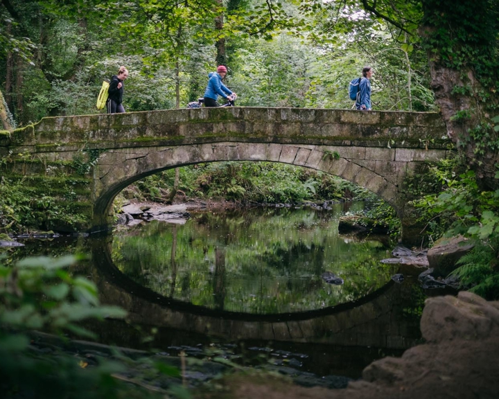 Three people are crossing a stone bridge over a stream in a forest.