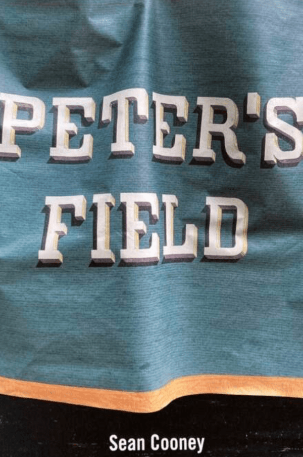 Poster artwork featuring a close-up section of a football-style banner in teal-blue fabric with large white three-dimensional lettering reading “PETER’S FIELD”. The banner appears slightly folded, creating shadows across the text. At the bottom, the name “Sean Cooney” is printed in small white text on a black strip. The image has a textured, printed-poster appearance.