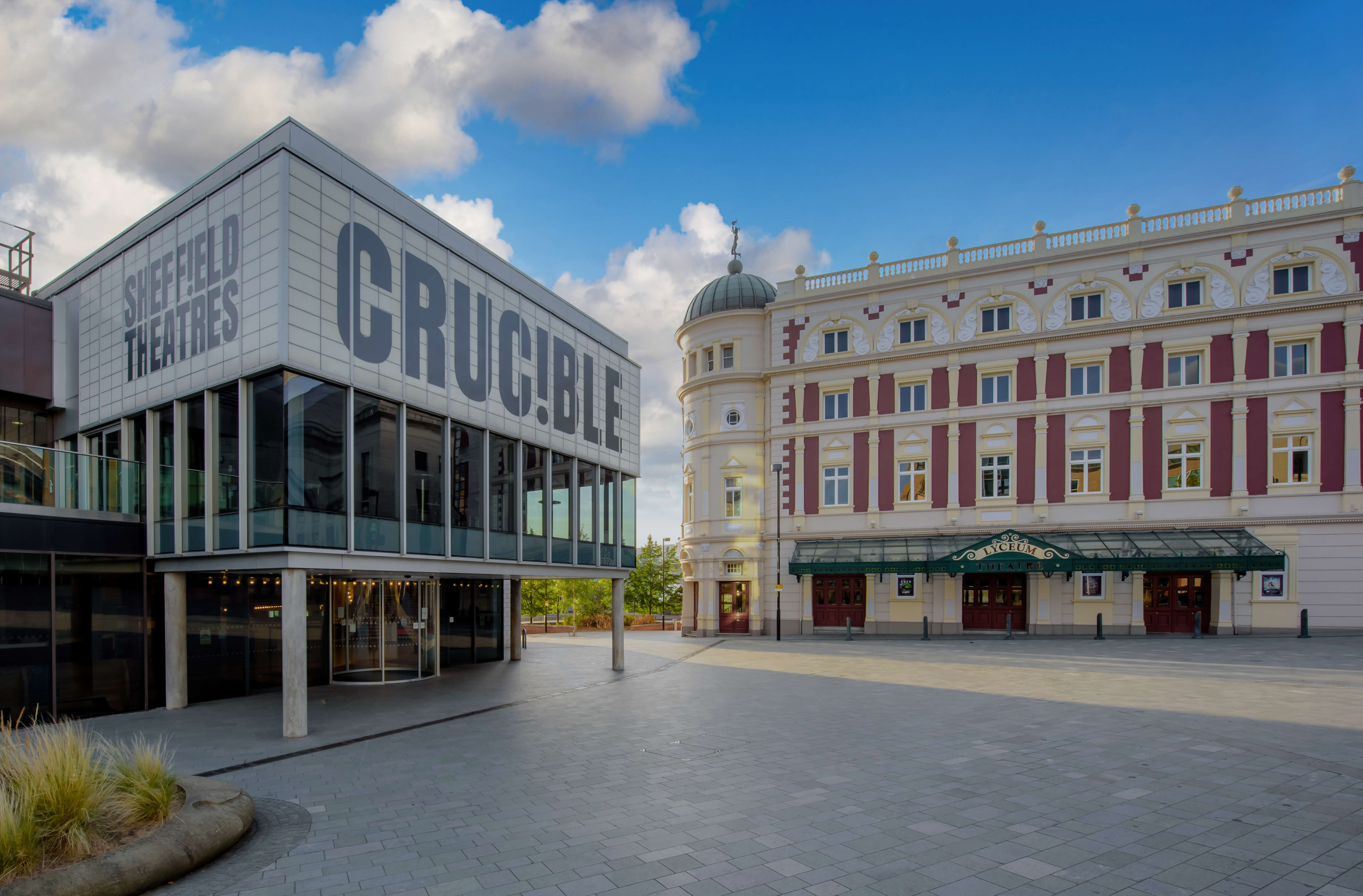 A view of the Crucible Theatre and the Lyceum Theatre from Tudor Square.