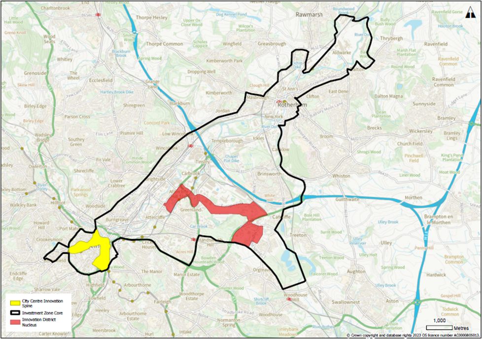 Map showing a city area outlined in black with highlighted zones: a yellow section labeled ‘City Centre Innovation,’ two red areas marked as ‘Investment Zone Core,’ and a green section marked as ‘Investment District.’ The map includes roads, rivers, and surrounding neighbourhoods