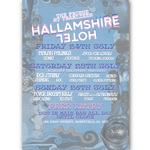 Blue-toned poster for “The Fringe at Tramlines” promoting Hallamshire Hotel shows, with retro wavy patterns and a disco ball illustration. Text lists Friday 24th, Saturday 25th, and Sunday 26th July line-ups including Malah Palinka, Red Stains, Cordelia Gartside, Ever Dream Kills, X2 Fast, Armit and the Astronauts, and more. “Free entry” and “DJs in beer bar all day until close” are highlighted. Address: 182 West Street, Sheffield.