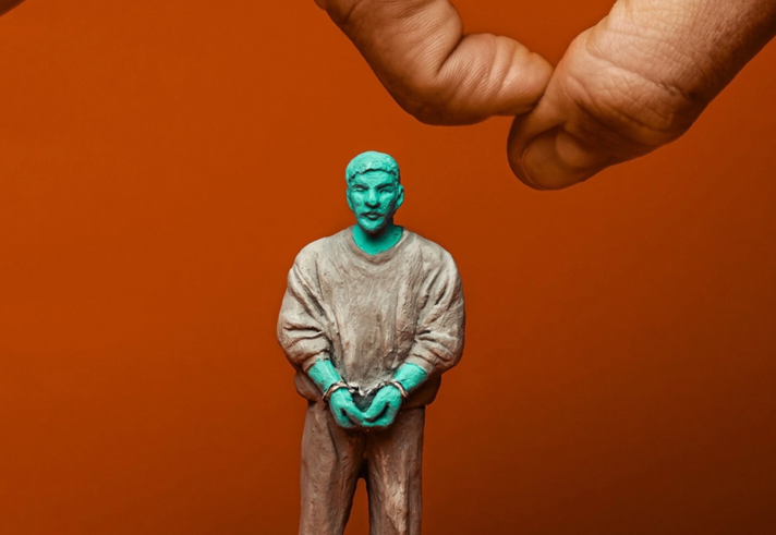 Promotional image for Woodhill featuring a small green figurine of a a man in brown clothes and handcuffs. A hand can be seen floating above the figure ready to flick it.