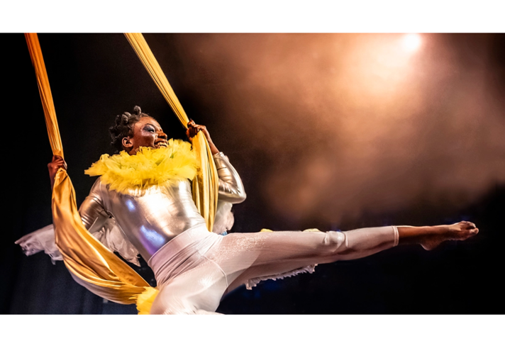 A woman performing on silk ropes.