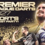 Promotional poster for Premier League Darts 2027. Large metallic text reads “PREMIER LEAGUE DARTS 2027” and “SPORT’S BIGGEST PARTY!” against a dark background with gold lighting effects. Three darts players are featured: one large portrait at the top right and two action shots below, including a player throwing a dart and another celebrating with a clenched fist. A packed arena crowd fills the lower left side, creating a lively sporting atmosphere.