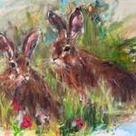 A painting of two wild rabbits.