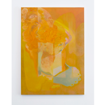 Abstract painting in warm shades of gold, orange and peach. Layered, semi-transparent forms create a fragmented portrait-like image. Curving shapes suggest eyes, flowing hair and facial features emerging from overlapping blocks of colour. Soft brushstrokes, rounded arches and glowing yellow highlights blend into a dreamlike composition, with pale blue accents near the lower centre adding contrast. The artwork is displayed on a white gallery wall.
