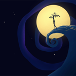 Stylised illustration inspired by a gothic fantasy aesthetic. A slender skeletal figure stands on a curling, spiral hill and plays a violin in front of a large glowing full moon. The night sky is deep blue with scattered stars, while the winding hill curves dramatically into the foreground, creating a whimsical and eerie scene.