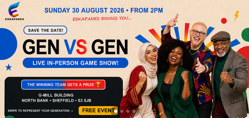 Promotional poster for a free live game show called Gen VS Gen, taking place on Sunday 30 August 2026 at the G-Mill Building in Sheffield, featuring four people standing together alongside event details and colourful graphic elements.
