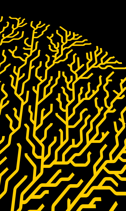 Abstract digital artwork showing a semi-circular pattern of branching yellow lines on a black background. The intricate design resembles a network or tree-like structure with circuit-like connections radiating outward, creating a sense of growth and complexity.