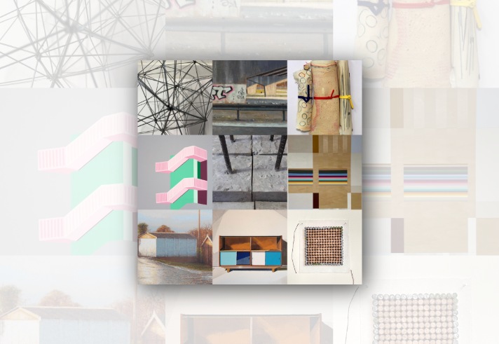 Nine artworks arranged in a 3x3 grid. The collection includes an abstract wire-frame sculpture, an urban landscape painting, rolled textile pieces, a geometric architectural illustration, a close-up of concrete and metal rods, an abstract striped composition, a painting of garages beside a lane, a colourful cabinet painting, and a square artwork made from many small circular elements. The works showcase a variety of contemporary styles, materials and techniques.