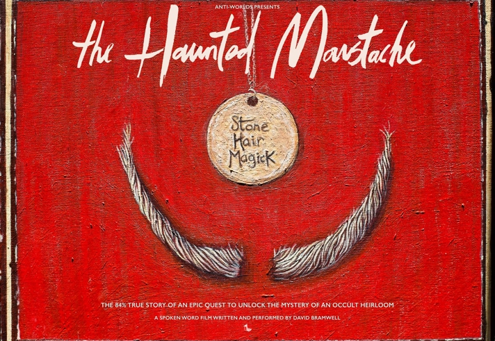 Poster for the event, featuring an illustration of a moustache that has been mounted on a red wall.