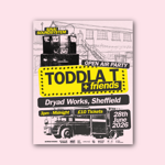 Poster for the event, listing all the details, alongside images of an old fire engine, a soundsystem and a pencil drawing of a building.
