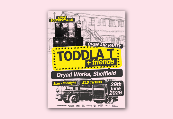 Poster for the event, listing all the details, alongside images of an old fire engine, a soundsystem and a pencil drawing of a building.