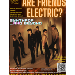 Poster for “Are Friends Electric? – Synthpop…and Beyond”, a fundraising music event at Samuel Worth Chapel, The Gatehouse, Cemetery Avenue, Sheffield S11 8NT, on Sunday 12 July. Large orange title text appears above a studio-style photograph of five band members standing under dramatic lighting. The poster includes ticket information (£5, online booking only), a QR code, social media details, TicketSource booking link, and notes that proceeds support Sheffield General Cemetery Trust.
