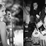 A black and white photo of a woman holding a violin and another of a person playing tablas.