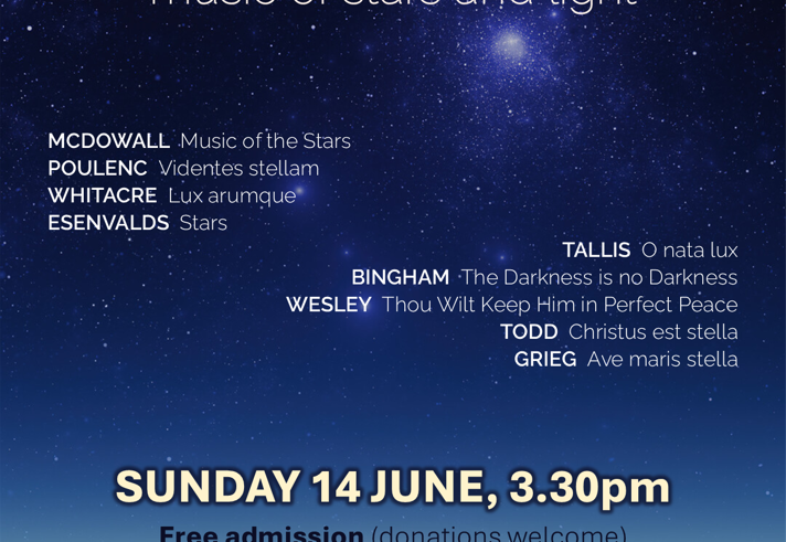 Poster of the event with text over an image of starry night sky above a sunrise.