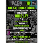 Black, white, and neon-green event poster for “The Saturday Social” at Plot 22, part of The Fringe at Tramlines. Text reads: Saturday 25th July 2026, 6pm–midnight. Special guest Oris Jay (jungle/DnB set), plus TK, Stav B2B Revolver, Mr Dubz, Konfide B2B Widdzy, Modulate B2B Wildstyle, and Sama. MCs: E-L and Mikee Rider Ballistikus. “DNB/Jungle music” and “Free entry” highlighted. Background features illustrated urban murals, bar seating, and venue signage.