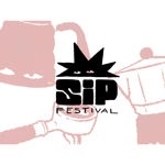 Stylised black-and-white graphic for SIP Festival. The central logo features bold black lettering reading “SIP Festival” beneath a spiky star shape with two eyes peering out. Around the logo are halftone illustrations of hands and arms raising drinks and cups in a celebratory toast. The design uses a dotted pink and orange print effect against a light background, creating a vibrant, festival-themed aesthetic.