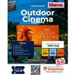 Outdoor cinema event poster set in Millhouses Park, Sheffield. A large screen displays Disney’s Queen of Katwe against a dusk park backdrop with seated attendees. Text promotes an “Outdoor Cinema Experience” on Bank Holiday Sunday, 30 August. Activities from 5pm, film starts 7pm, ends 9:30pm. Features include table tennis, barbecues, food and drinks, live DJ entertainment, face painting and family games. Tickets from £4.98, with a QR code, Klarna branding and a “5% off” offer.
