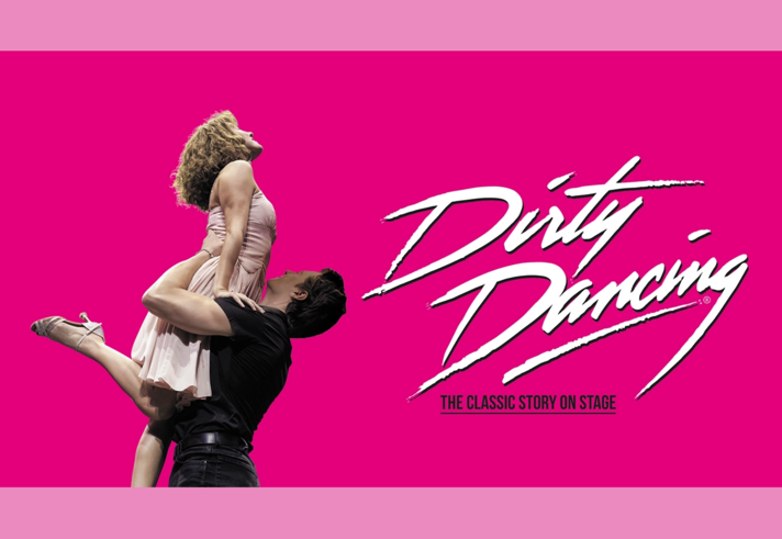 Poster for Dirty Dancing featuring a couple doing the classic lift from the film on a bright pink background.