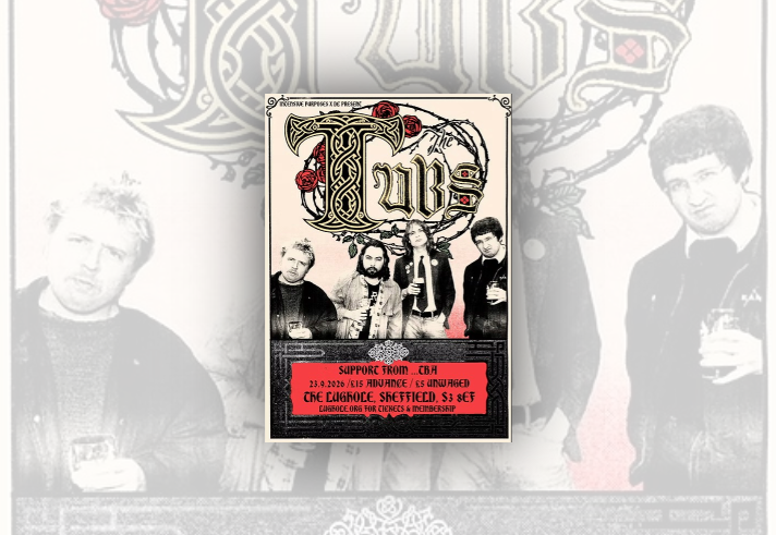 Promotional gig poster for The Tubs. Large decorative band name in Celtic-style lettering with red roses and thorny vines above a black-and-white photo of four band members holding drinks. Text reads: “Intensive Purposes x 10 Present The Tubs”. Red panel at the bottom states: “Support from TBA. 23.9.2026 £15 advance / £5 unwaged. The LugHole, Sheffield, S3 8ET. lughole.org for tickets & membership.” Vintage black, cream and red design with ornate borders.