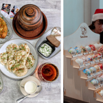 Two photos promoting a Ukrainian Christmas Market. Left: a table of Ukrainian food including dumplings, pastries, bread, dipping sauces and hot drinks arranged around traditional pottery. Right: a market stall displaying hand-painted Christmas baubles on wooden shelves, with a person in a Santa hat arranging the decorations.